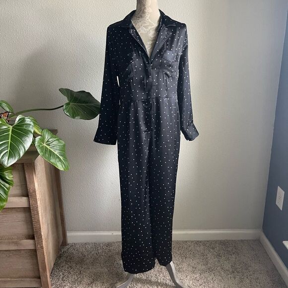 Lucky Brand Polkadot Printed Button Front Satin Jumpsuit in Black and White - Picture 4 of 12